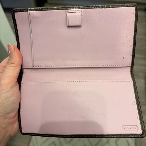 Coach Signature Canvas Slim Checkbook Wallet – Khaki / Brown w/ Pink Interior - Picture 2 of 2